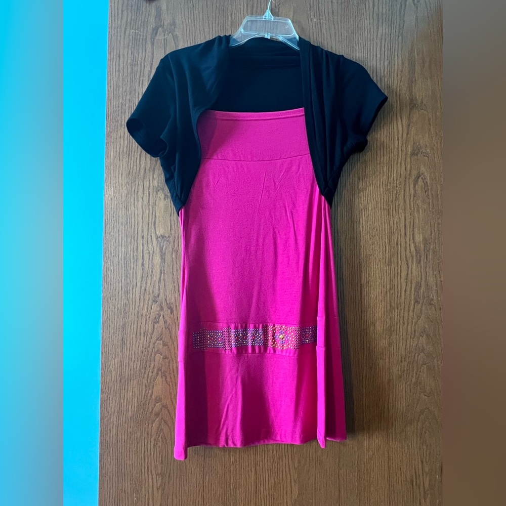 Juniors Small Pink Dress with attached Black shrug